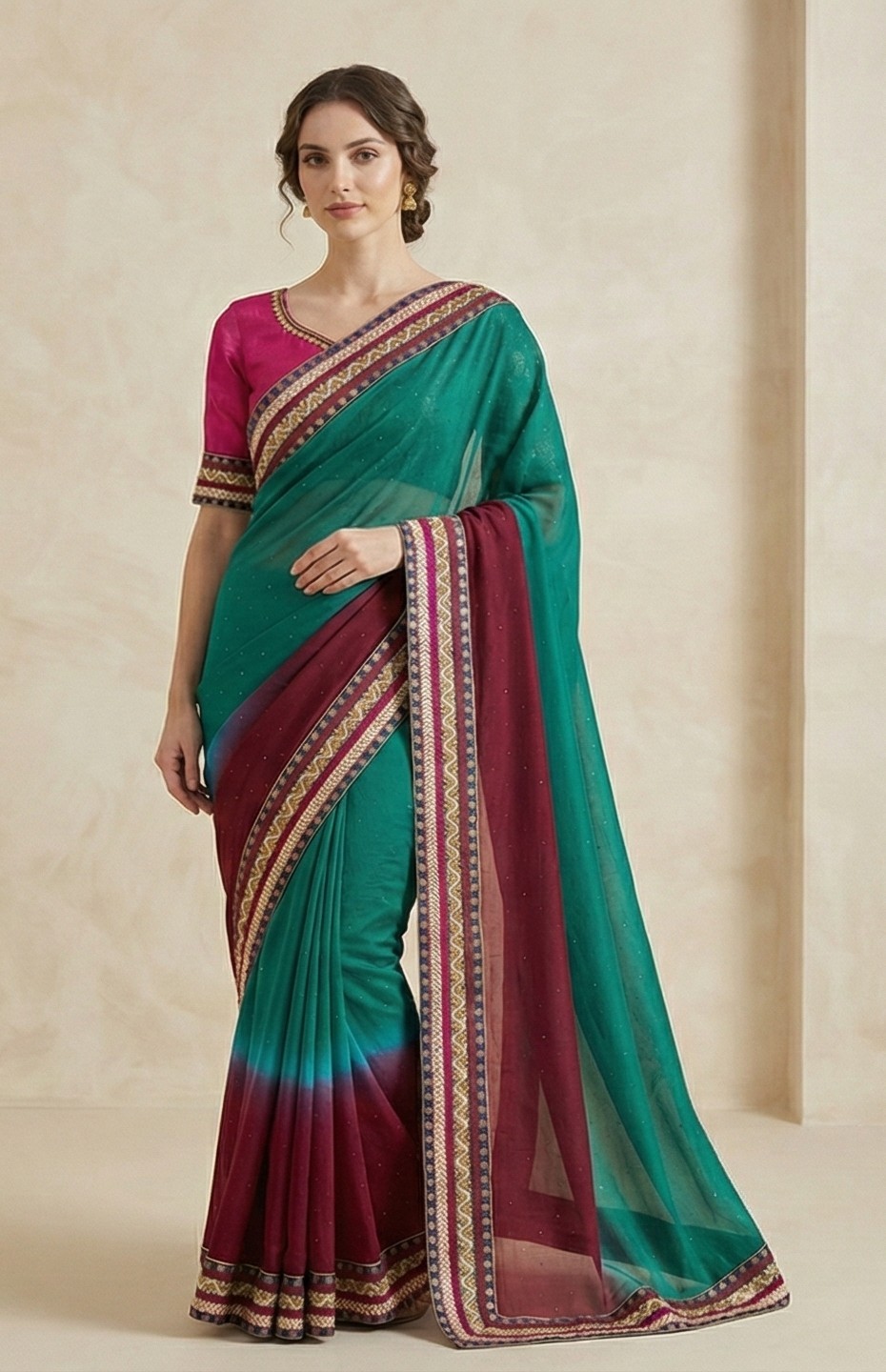 Sanskriti Vintage Red-Blue Pure Chiffon Beads Saree 5.5+Yd Fabric With Blouse Pc