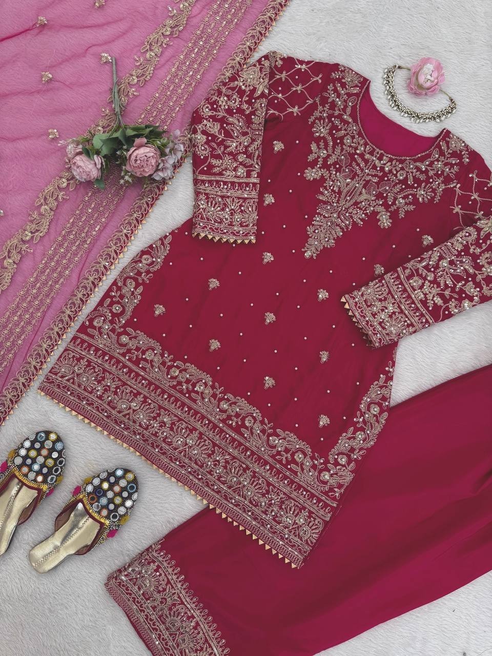 Premium Designer Crepe Silk Farshi Salwar Kameez With Net Dupatta For Women