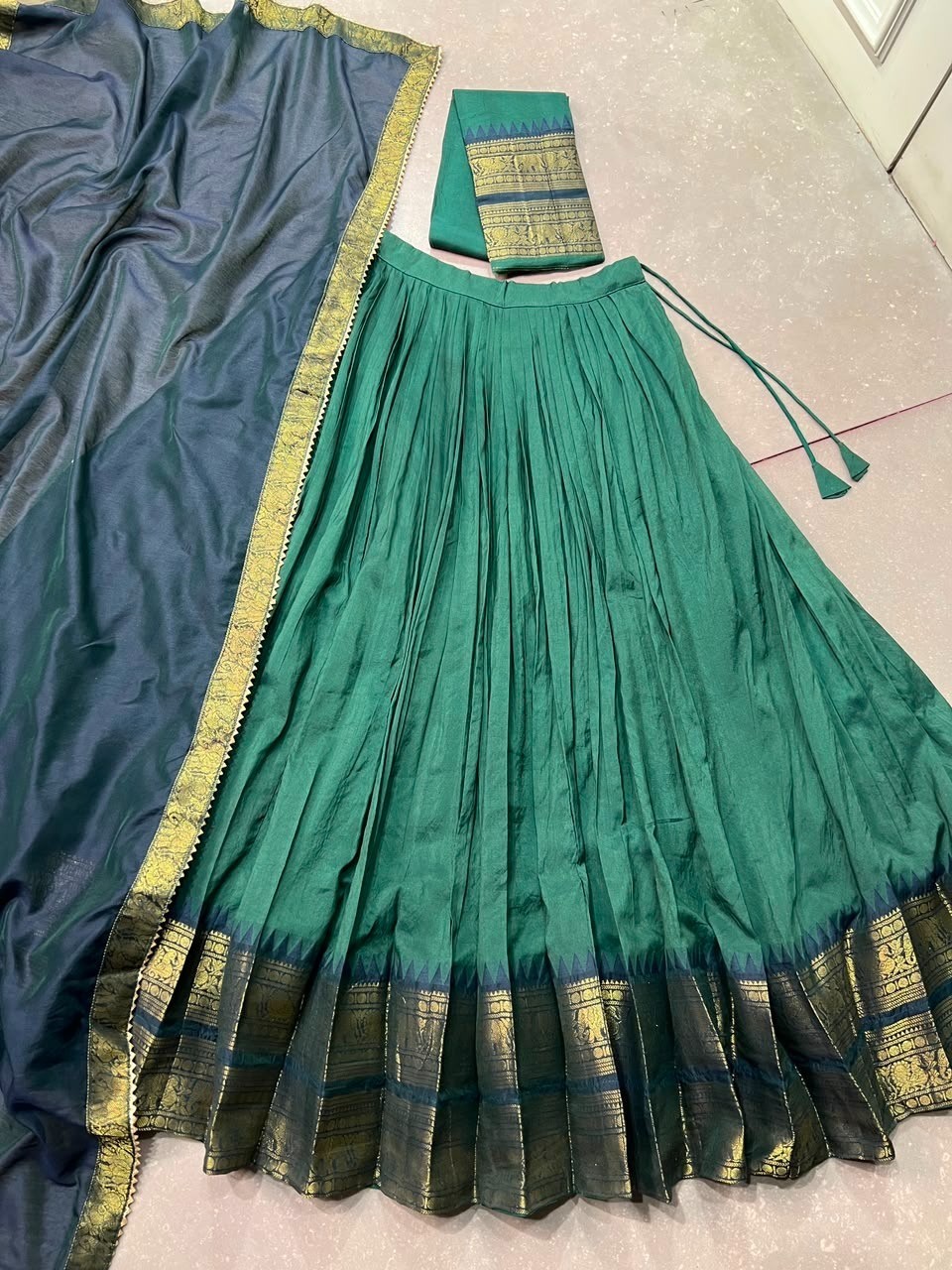 Designer Emerald Green Poly Cotton Lehenga Choli Wedding Festival Outfit