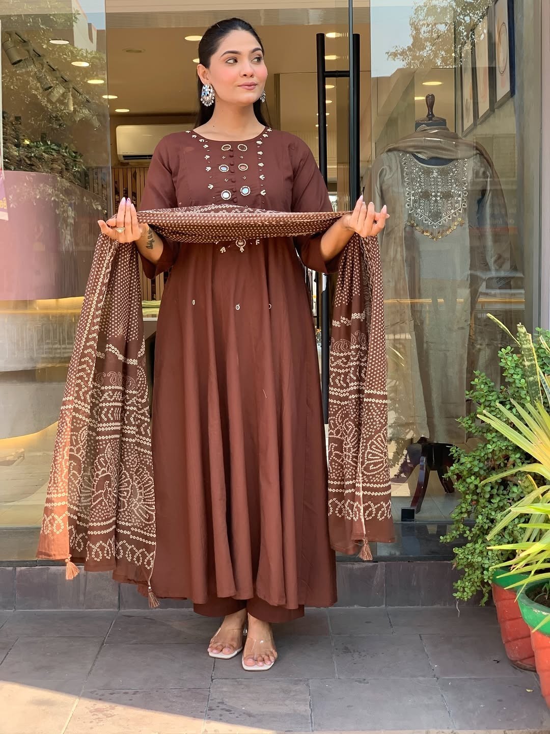 Elegant Brown Anarkali Kurta Pant & Dupatta Set | Festive | Wedding | Party Wear