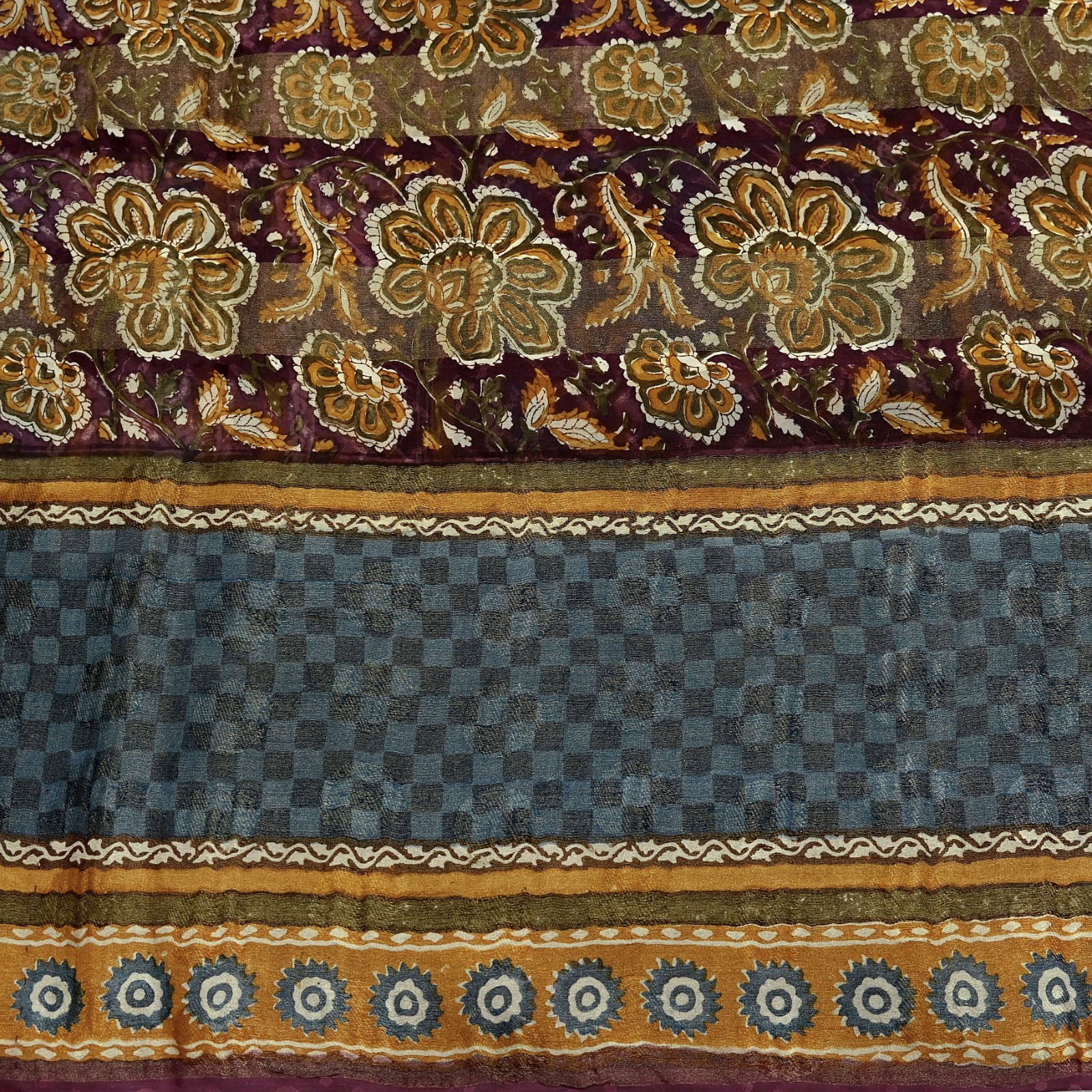 Vintage Saree Burgundy & Blue Pure Georgette Silk Printed Sari Sewing 6yd Fabric