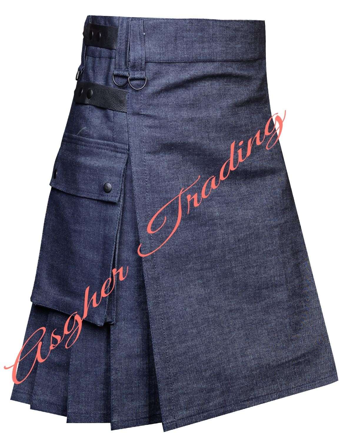 Scottish Handmade Blue Denim Utility Kilt Leather Straps Men’s Custom Size Kilts