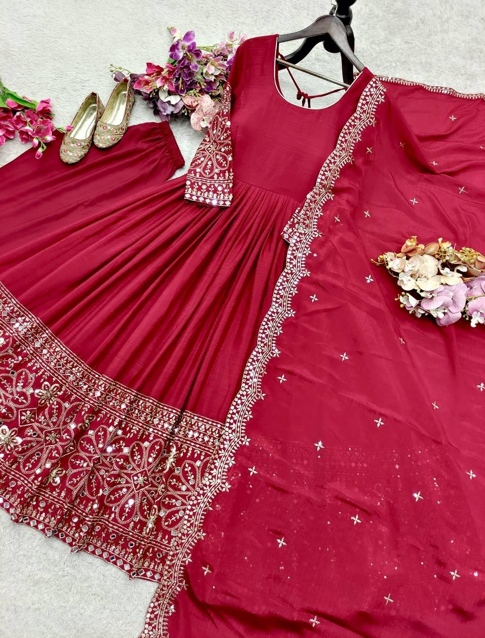 New Designer Maroon Chinnon Silk Salwar Kameez With Dupatta For Wedding