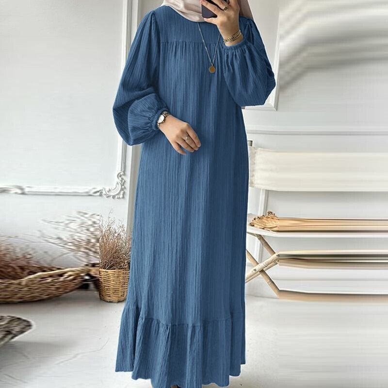 Women Dress Muslim Abaya Loose Burqa Long Sleeved Lady Plain Color Flounce Dress