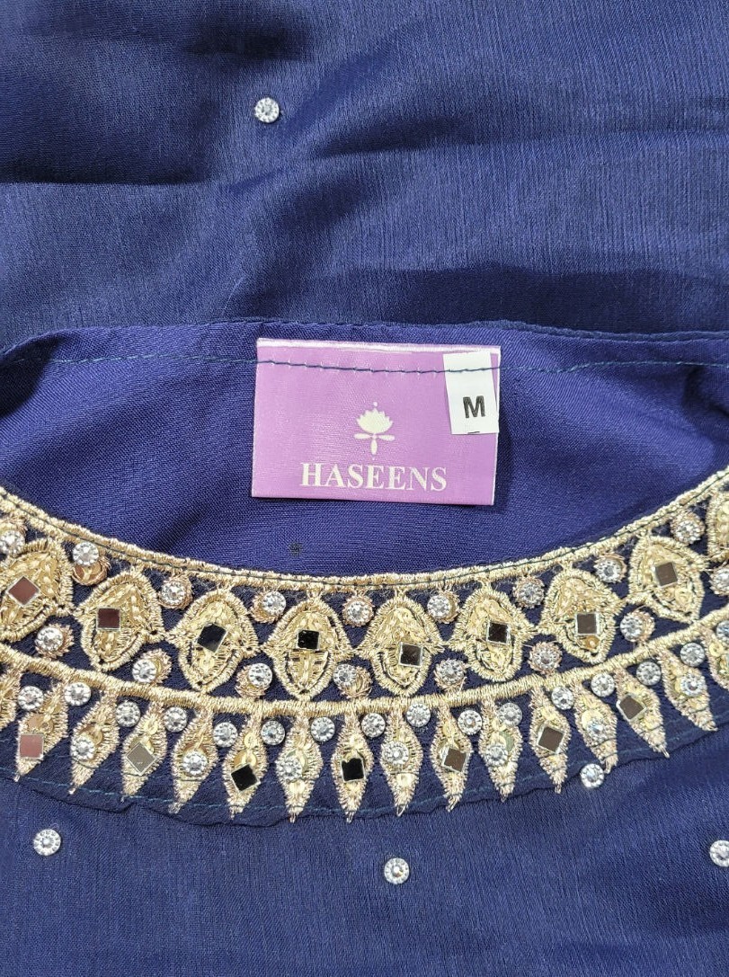 Haseens Women’s 4pc Salwar Kameez Palazzo w/ Dupatta & Purse – Blue/Gold – M