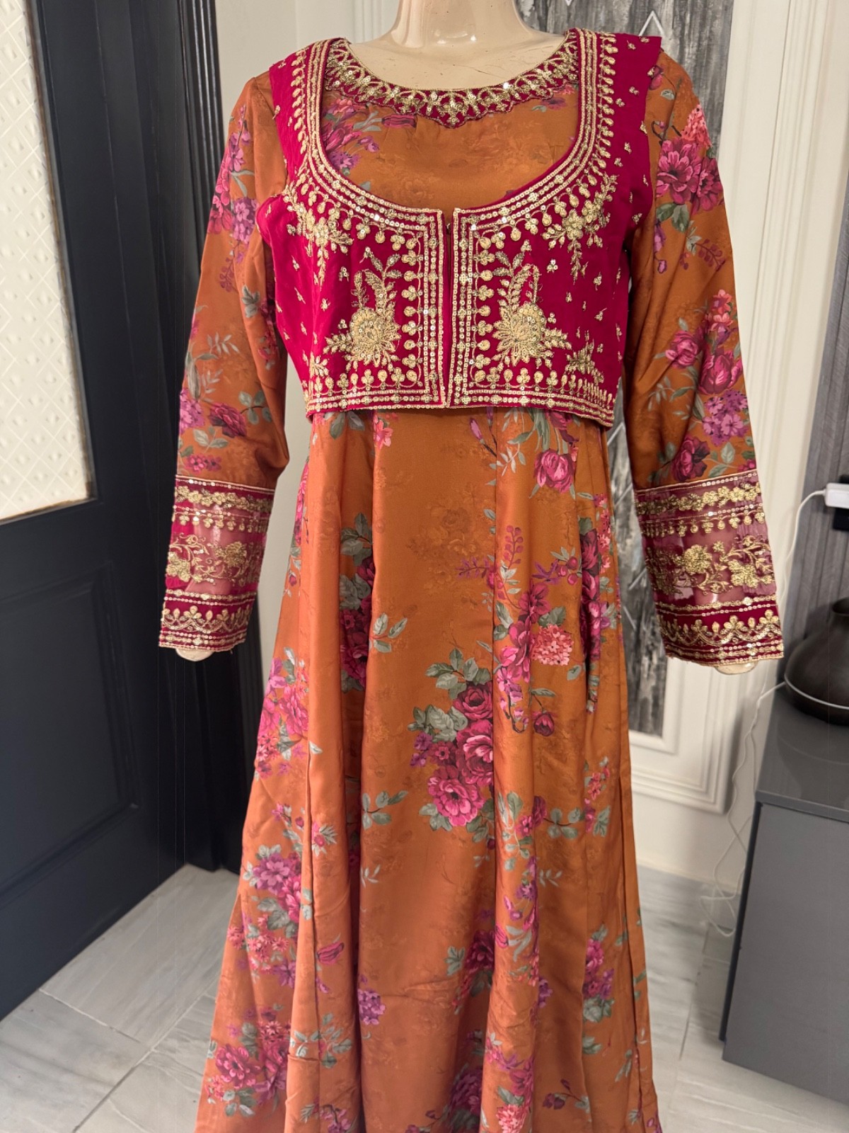 Pakistani Rust Long Maxi Style Embroidered Sequins work Dress,S