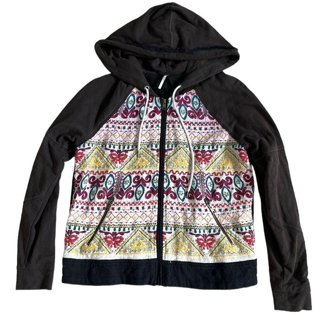 Free People Embroidered Full Zip Hooded Jacket Boho Aztec Southwest – Size Small