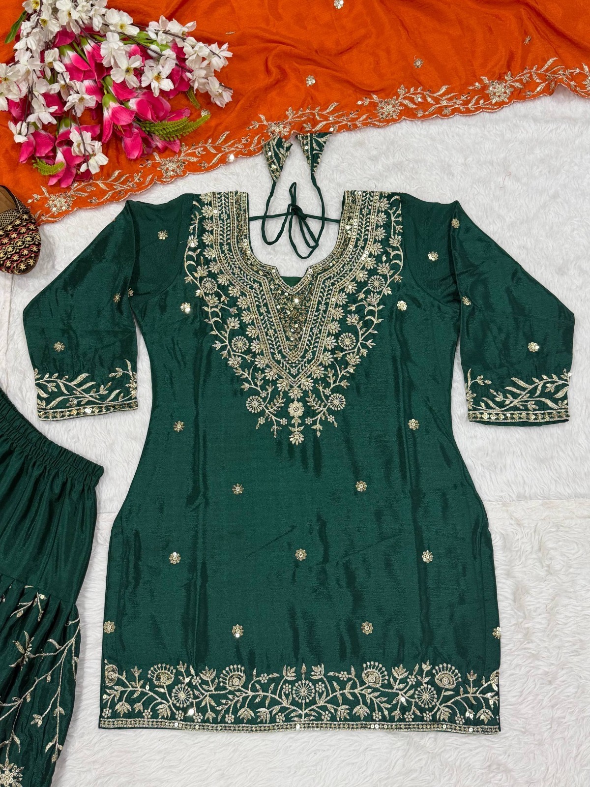 Party Wear Green Heavy Chinon Top Dhoti With Dupatta For Festival Wear