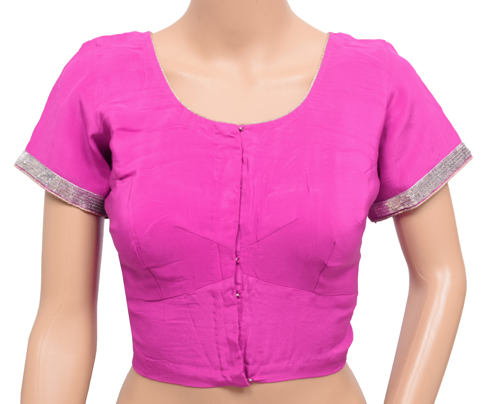 Sushila Vintage Readymade Stitched Sari Blouse Magenta Silk Hand Beaded Choli 36