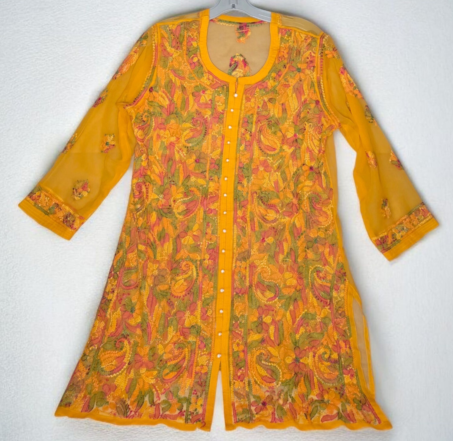 Bollywood Pakistani/India Kurta Sheer Embroided Pull Over Orange Floral Design