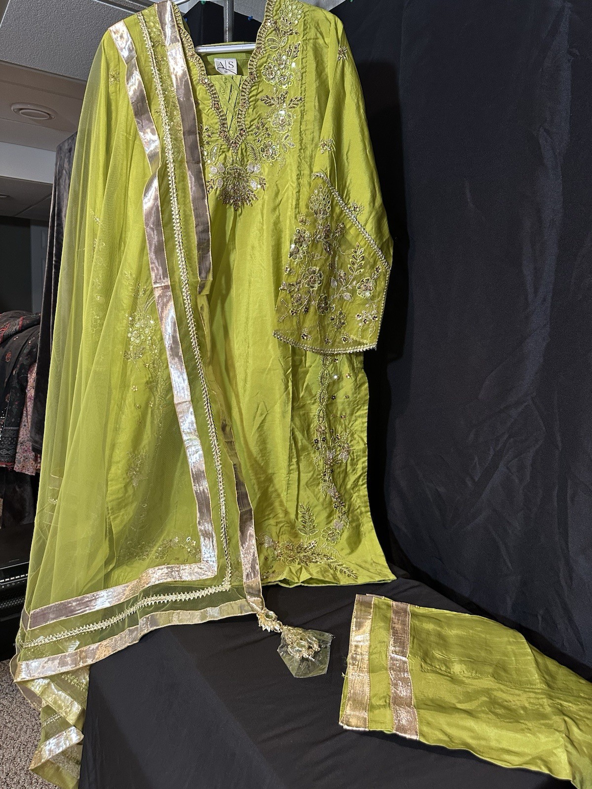 ASIAN STITCH ZARQUN BRAND – Emb Raw Silk Front & Back Emb, Net Lux Dupatta – $75