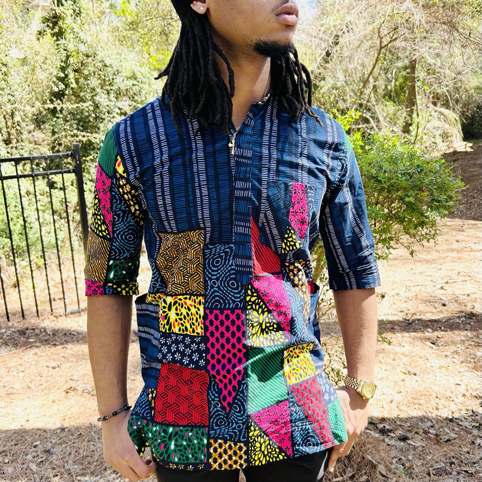 Blue African Print Unisex Shirt w/ Multi Color Design