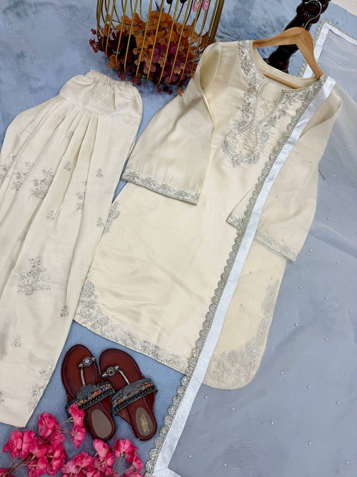 New Roman Glass Silk Cream Salwar Kameez With Dupatta For Festive Wear
