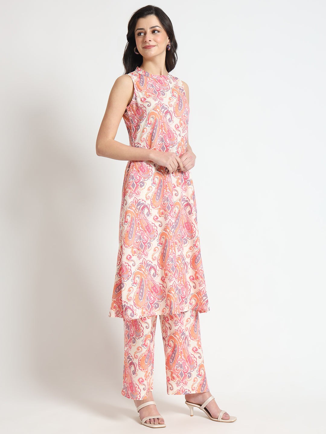 Cream Floral Print Rayon Fabric Co-Ord Set for Women Ethnic Wear Plus Size