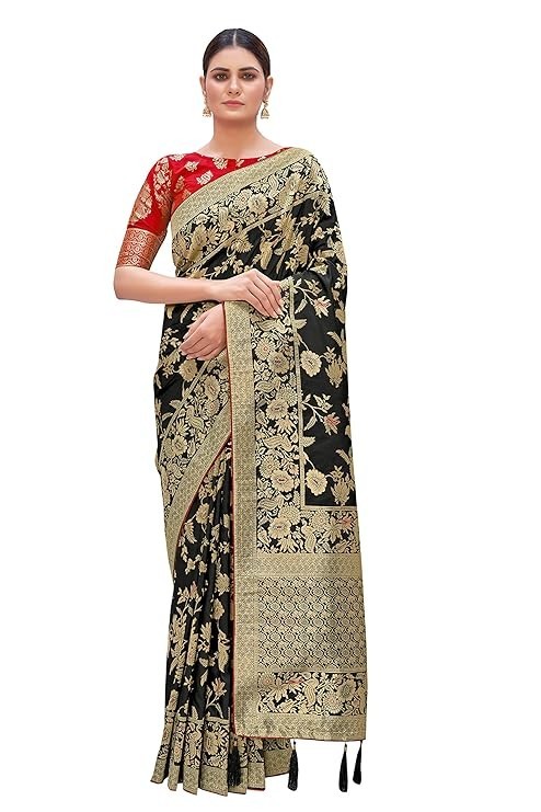 Women’s Banarasi Silk Blend Woven Zari With Tussles Saree &Jacquard Woven Blouse