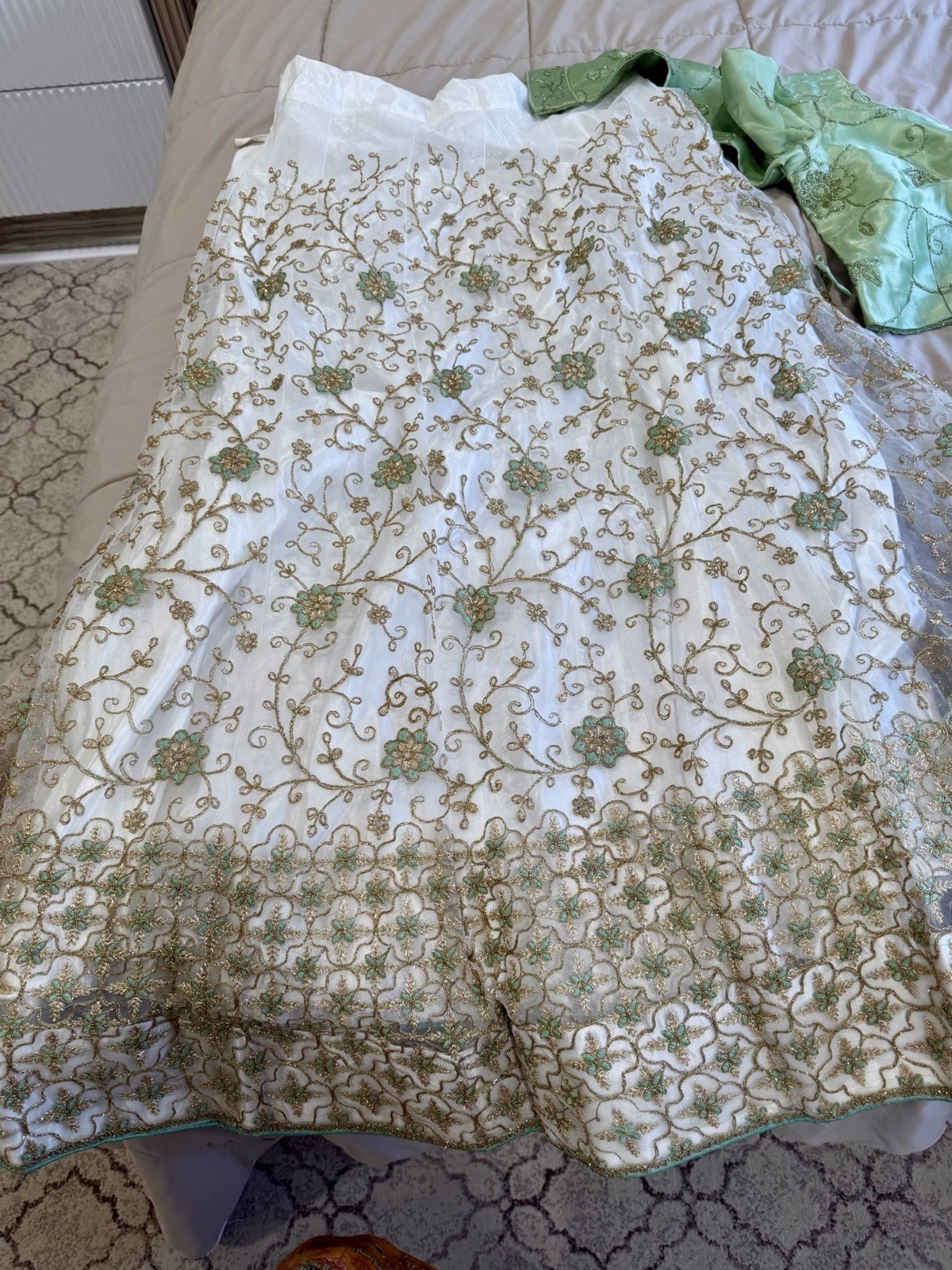 Green White Gold Embroidered Lengha Salwar Kameez Set Net Fabric for Women