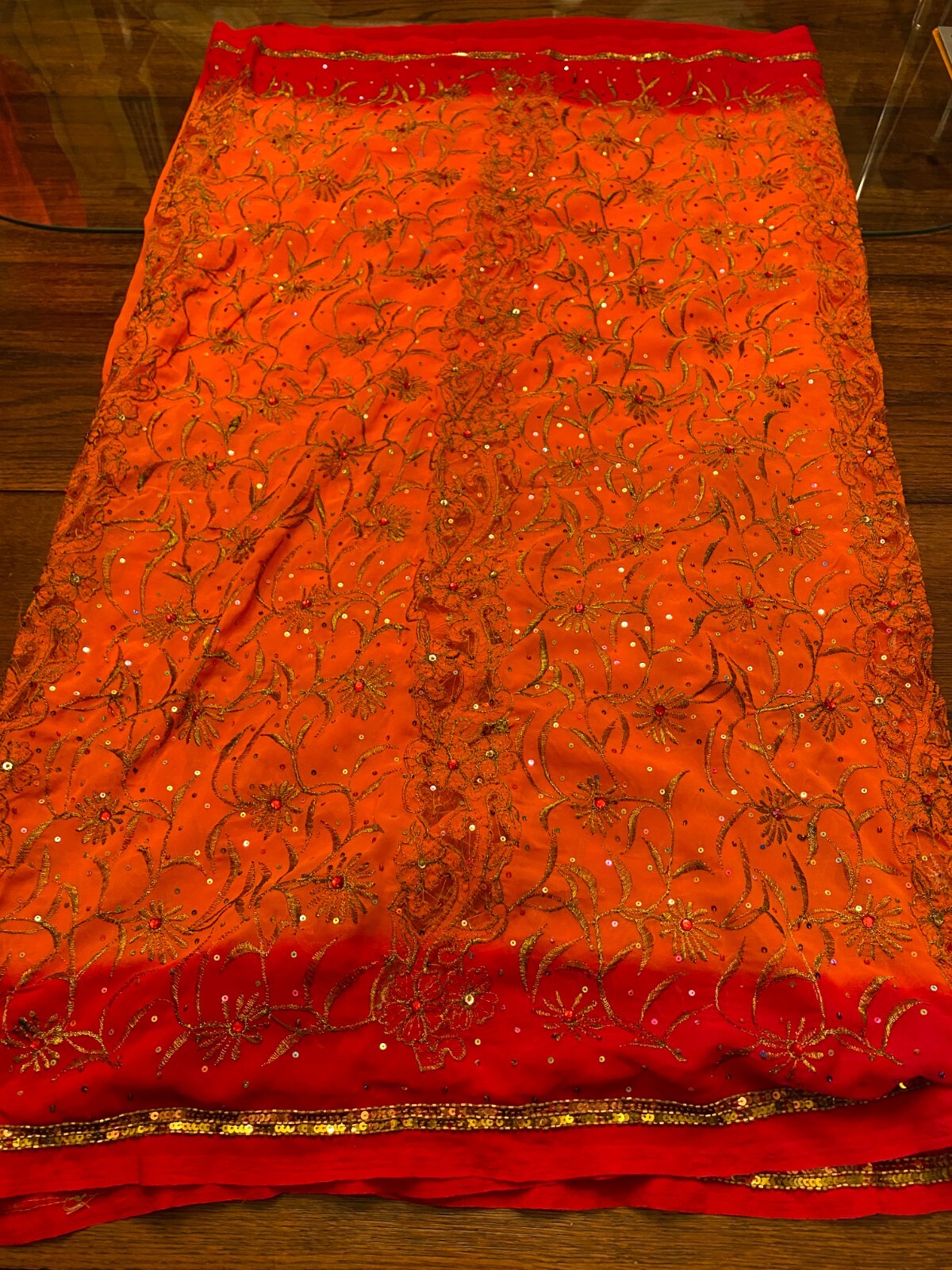 Vintage SARI Wrap ORANGE SHeer Chiffon Embroidery SEQUIN Fabric 6 yds 45″ Red