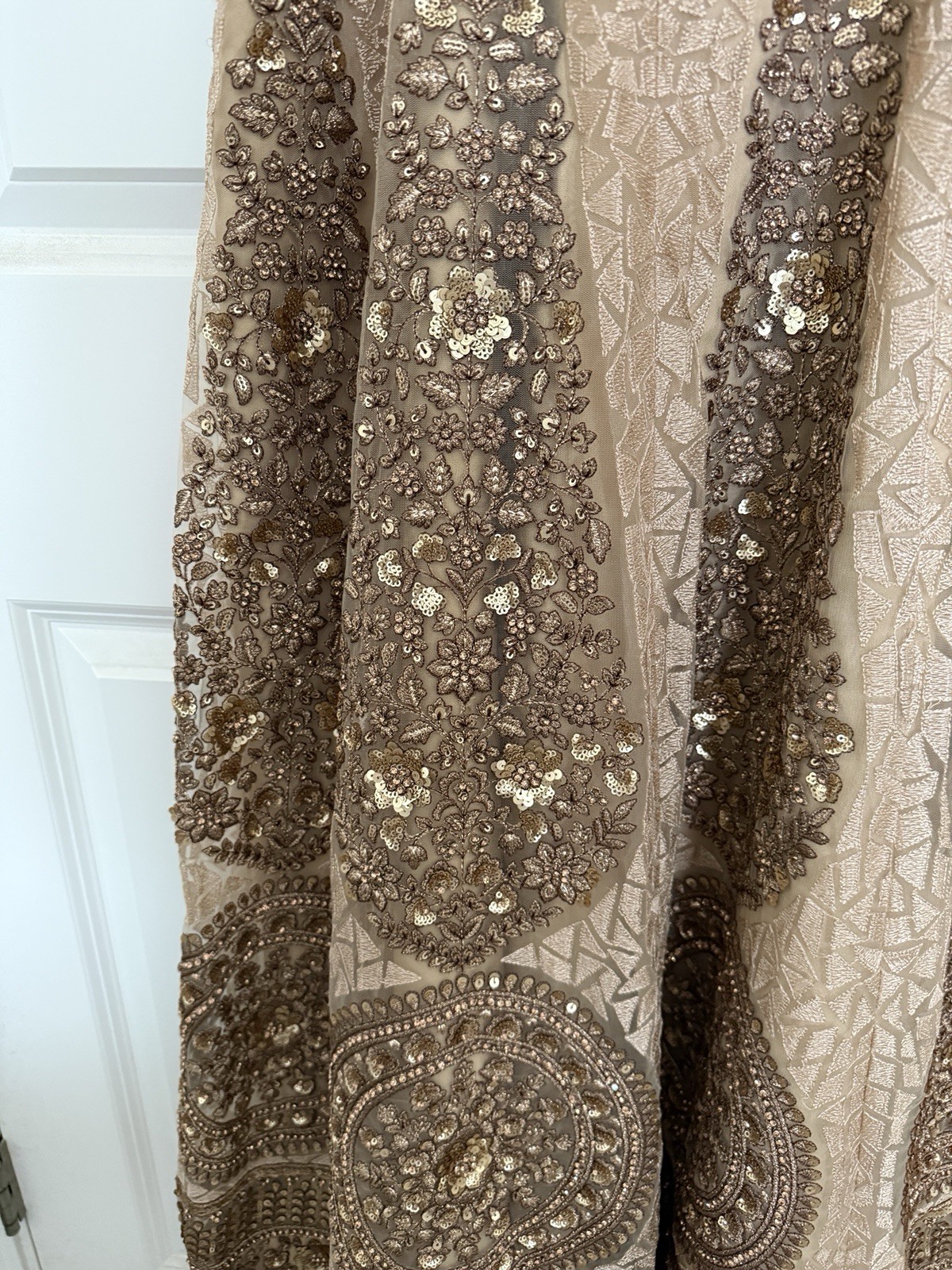 Beige Indian lehenga set Net Sequin Embroidered Set with Skirt Blouse Dupatta.