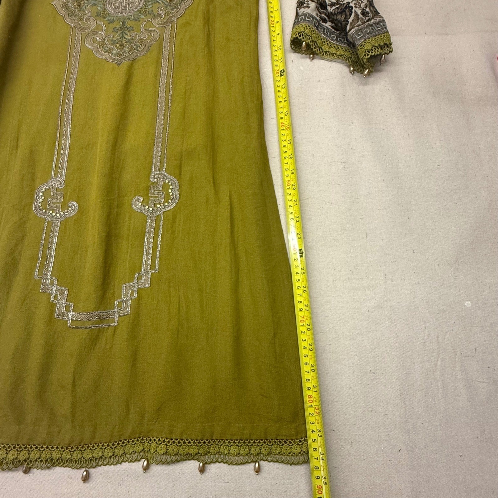 Maria B Olive Green Embroidered Kurta Tunic Women Medium Floral Sequin Lace Trim