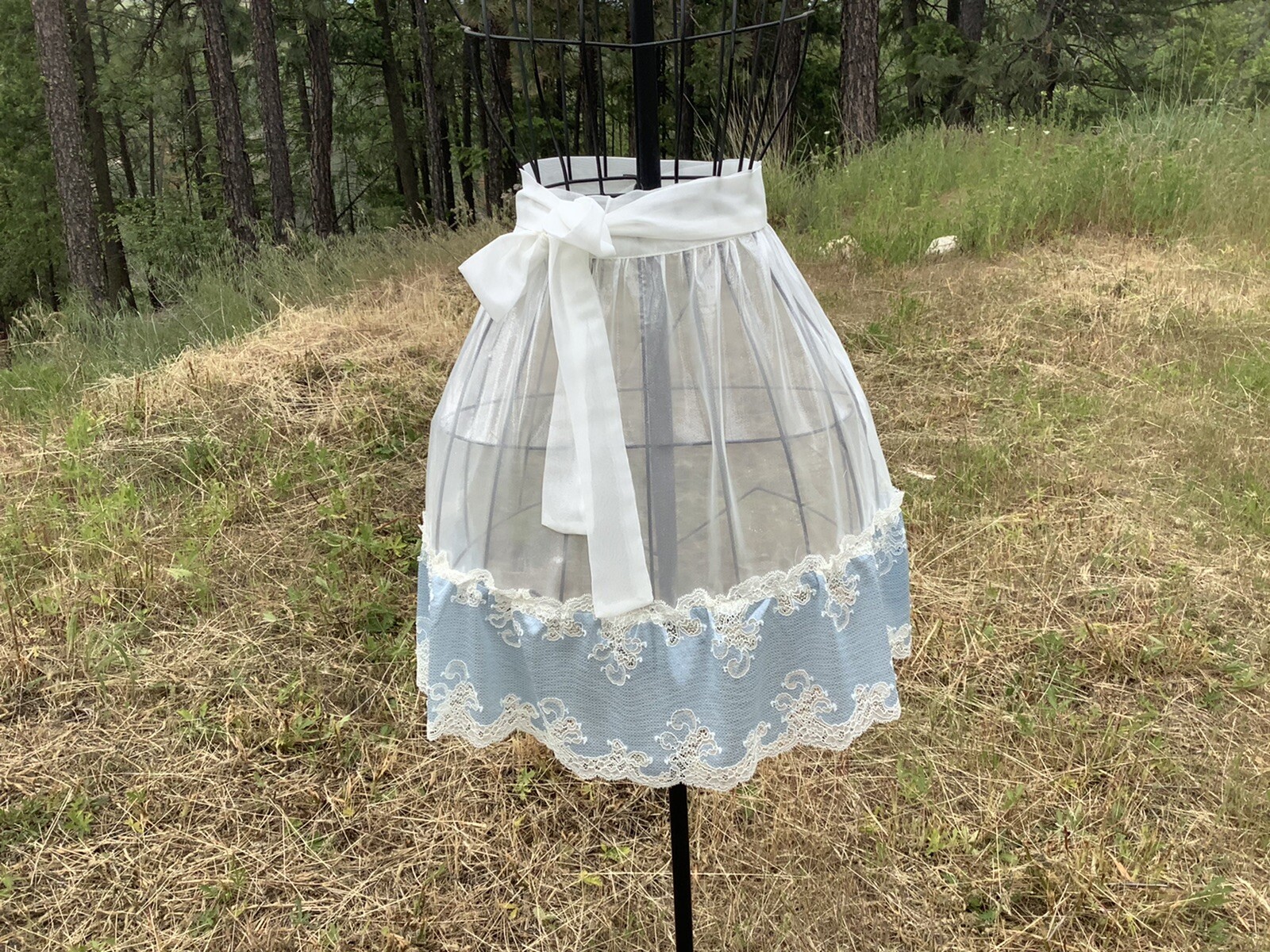 Offwhite sheer apron Light Blue Lace ruffles, Octoberfest Bridal Shower Dirndl
