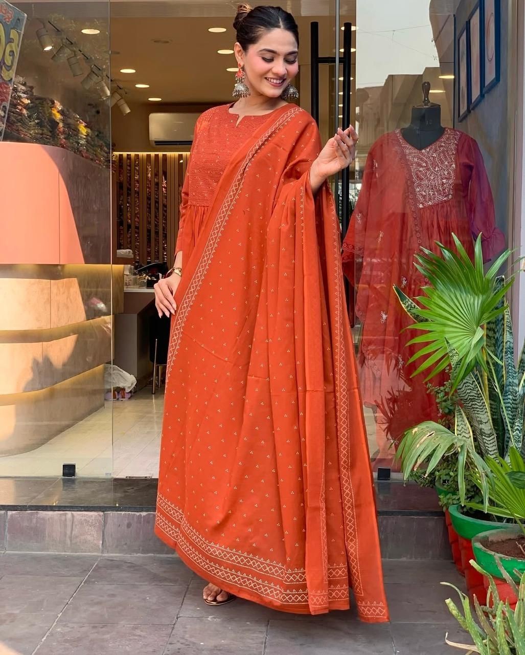 Beautiful Elegant Rust Orange Cotton Anarkali Kurta with Dupatta – Ethnic Indian