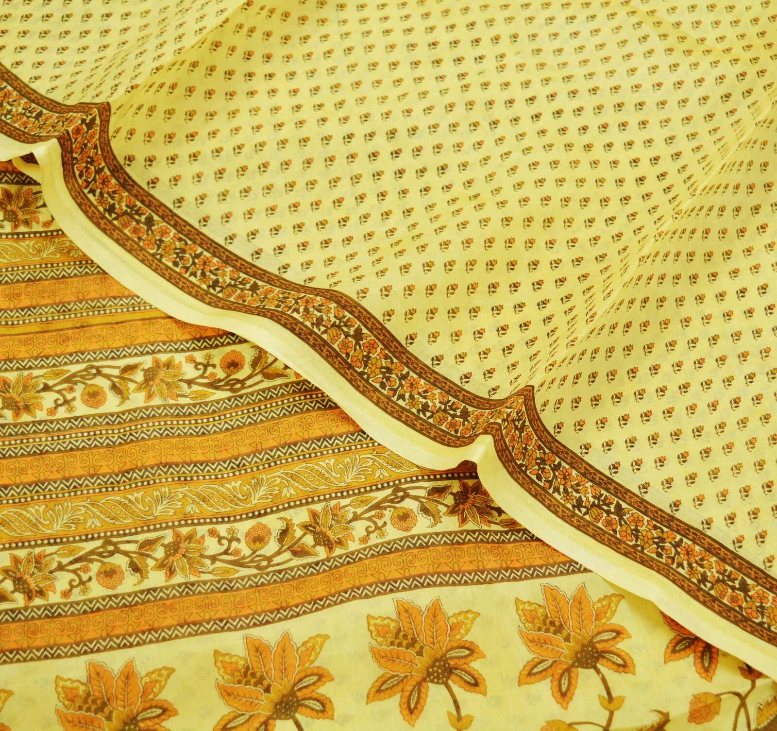 Indian Vintage Sari Beige Pure Silk Printed Sarees 5yd Sewing Craft Fabric Soft