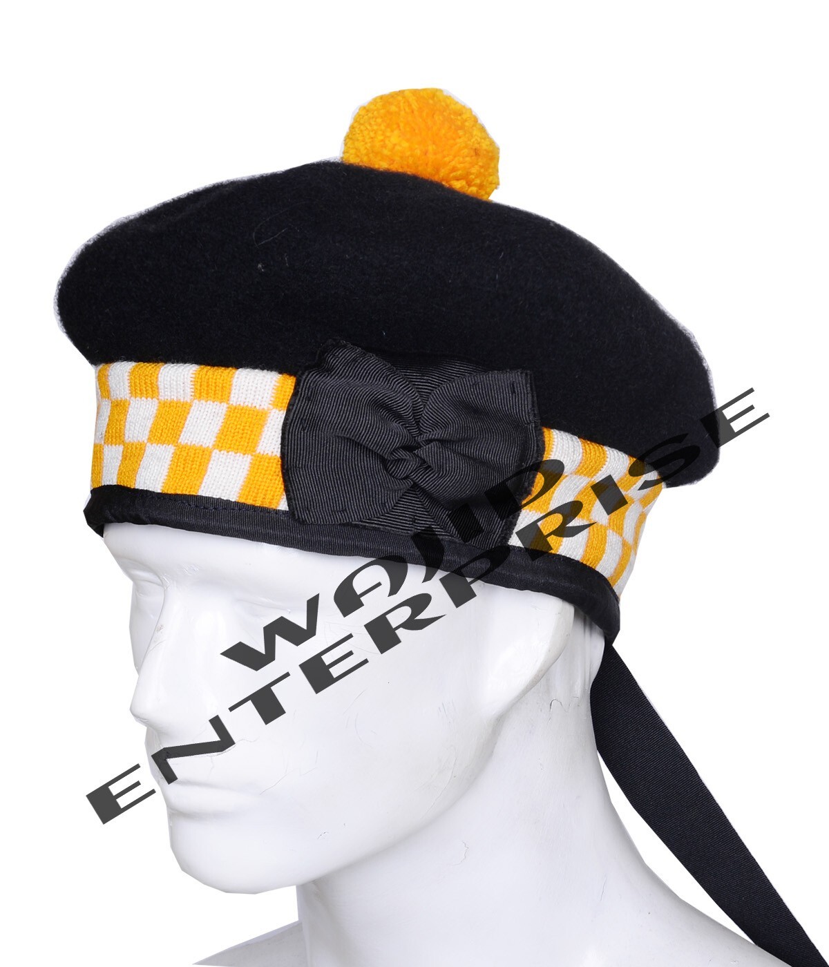 100% Wool Black Balmoral Cap Hat SCOTTISH Piper Bonnet Double Diced Kilt CapHat
