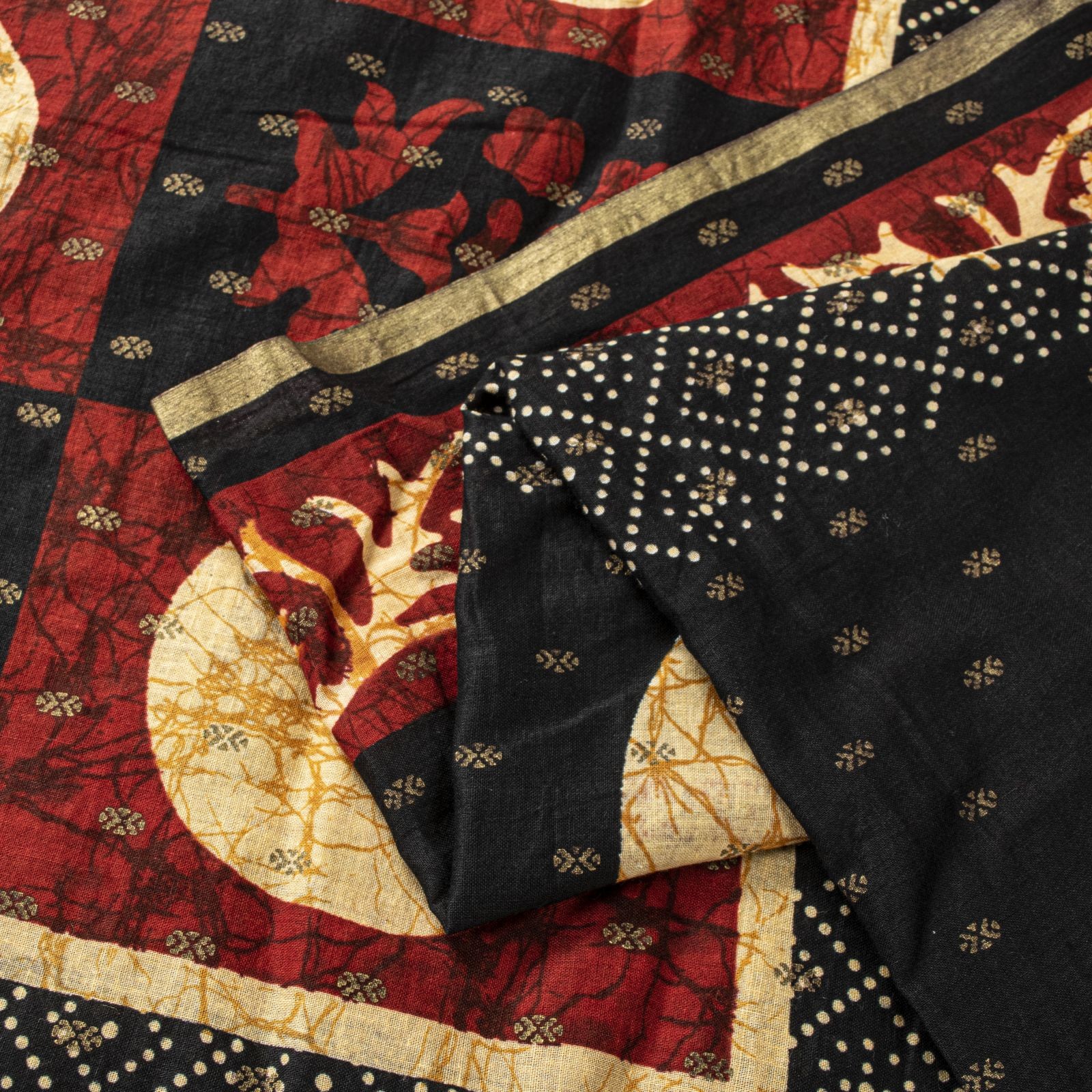 Sanskriti Vintage Saree Black Pure Cotton Batik-Bandhani Print Soft 5.5+Yd Sari