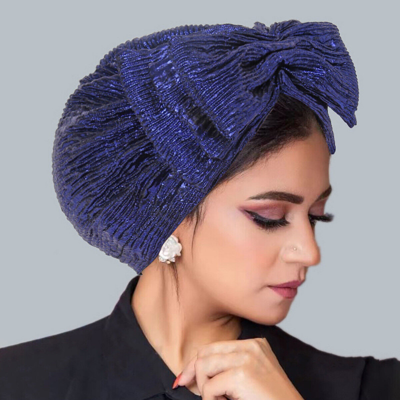 Muslim Women Turban Cap Arab Bow Shiny Hat Islamic Wrap Hair Baenie Lady Bonnet