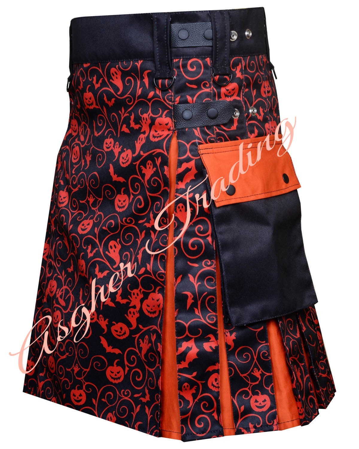 Handmade Halloween Theme Black & Orange Hybrid Utility kilt Men Custom Size Kilt