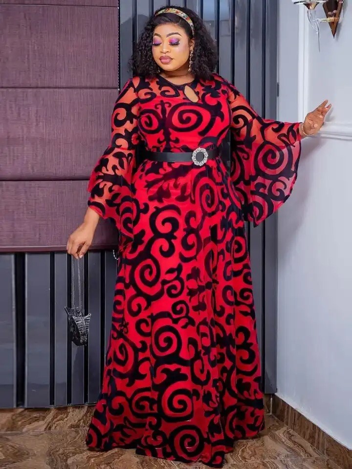 african Elegant Dress Size Large With Belt . Dress Mesh Red Fabric Wit Black Ve