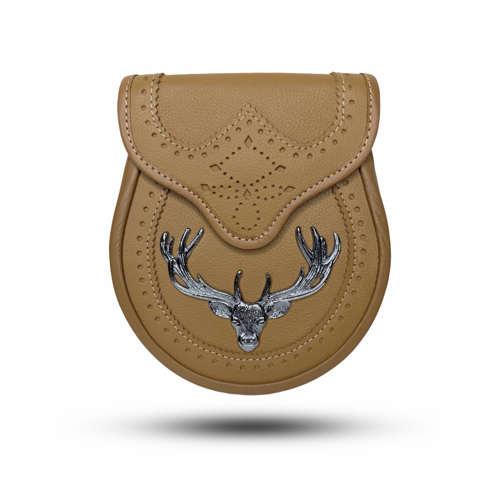 Tan Leather Day Sporran with Silver Stag Head Emblem