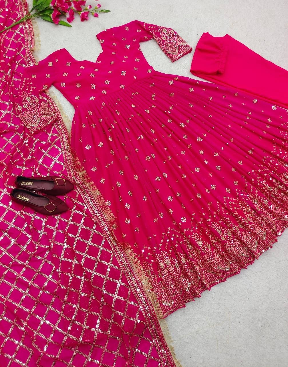 Presenting Heavy Faux Georgette Pink Gown Bottom With Dupatta For Party Wear