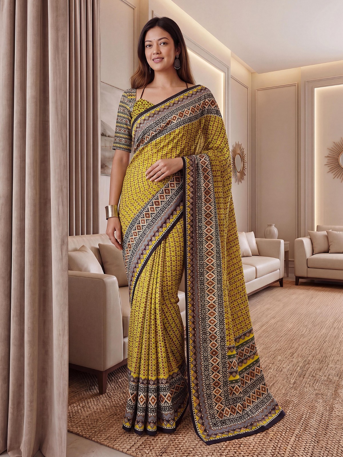 Intricately Ajrak Digital print saree in vibrant hues