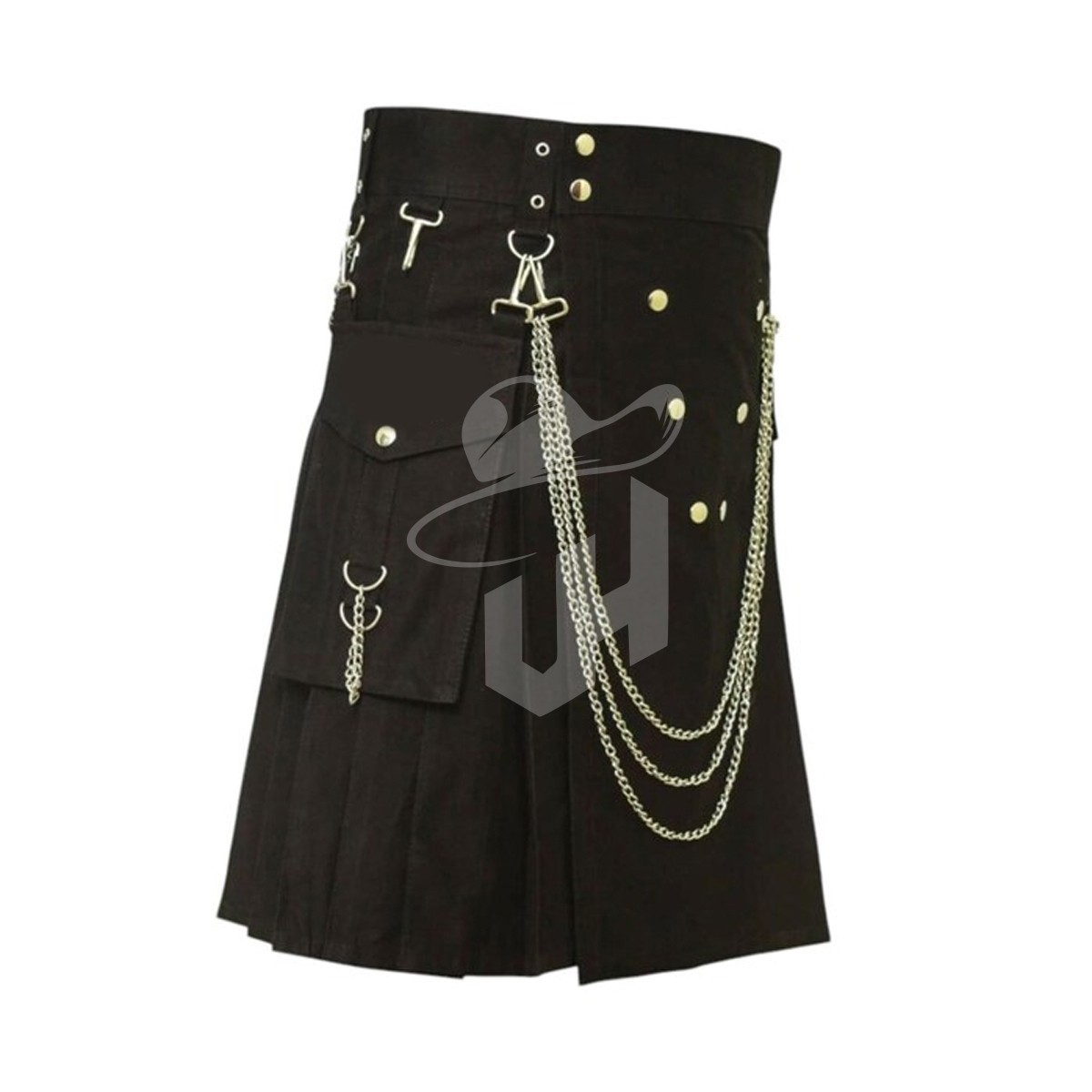 Men’s Black Gothic Utility Kilt with Chains – Steampunk Tactical Kilt 28″ to 60″