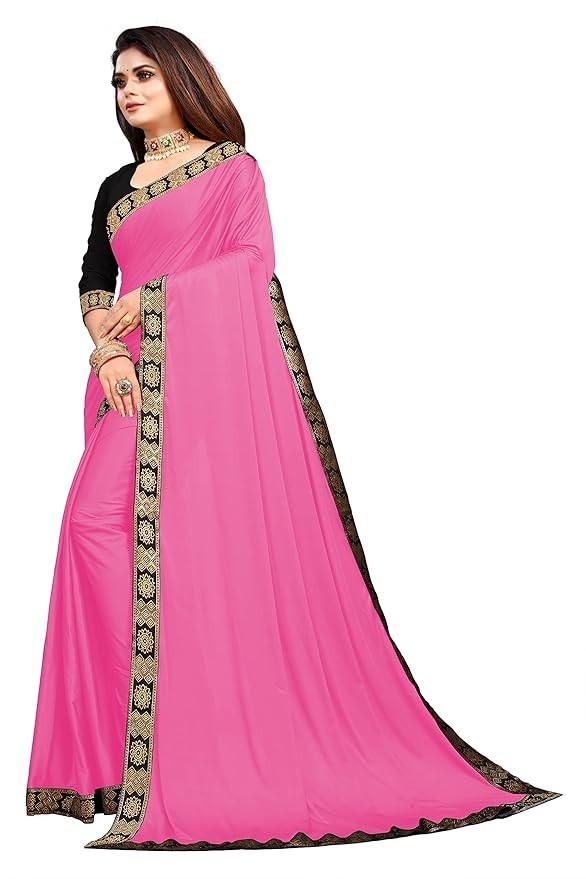 Women’s Lycra Plain Jacquard Lace Border Gorgeous Saree Blouse Piece PINK AN4