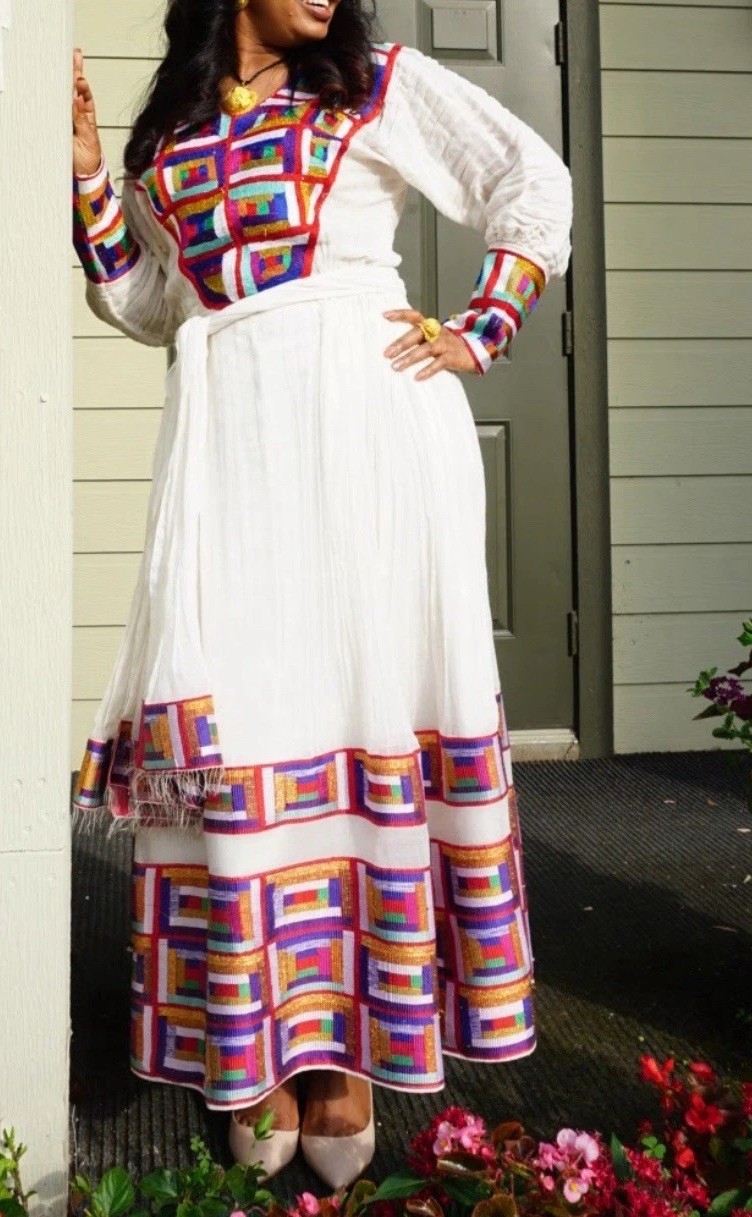 Ethiopian Dress || Hand embroidery የእጅ ጥልፍ ||Menen Fabric Elegant Tibeb Dress