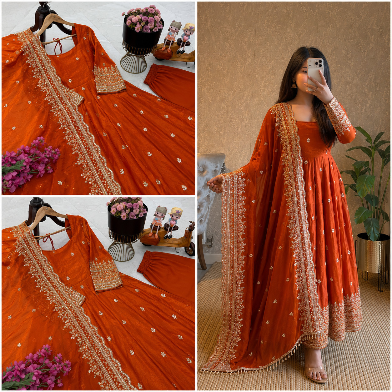 Orange Fendy Silk Embroidered Ready Made Anarkali Salwar Kameez Party Wear S