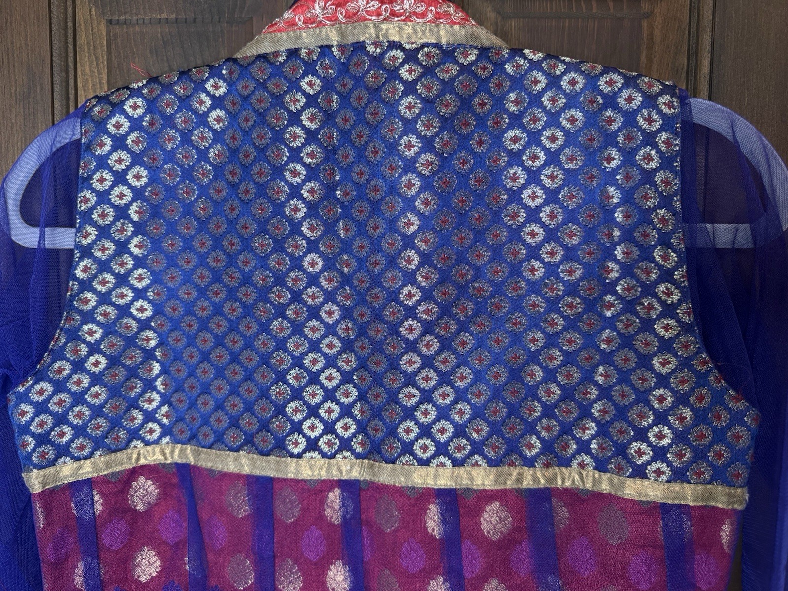 Handmade Royal Blue Red Anarkali Kurti Dress Sheer Sleeves Brocade Small 41″