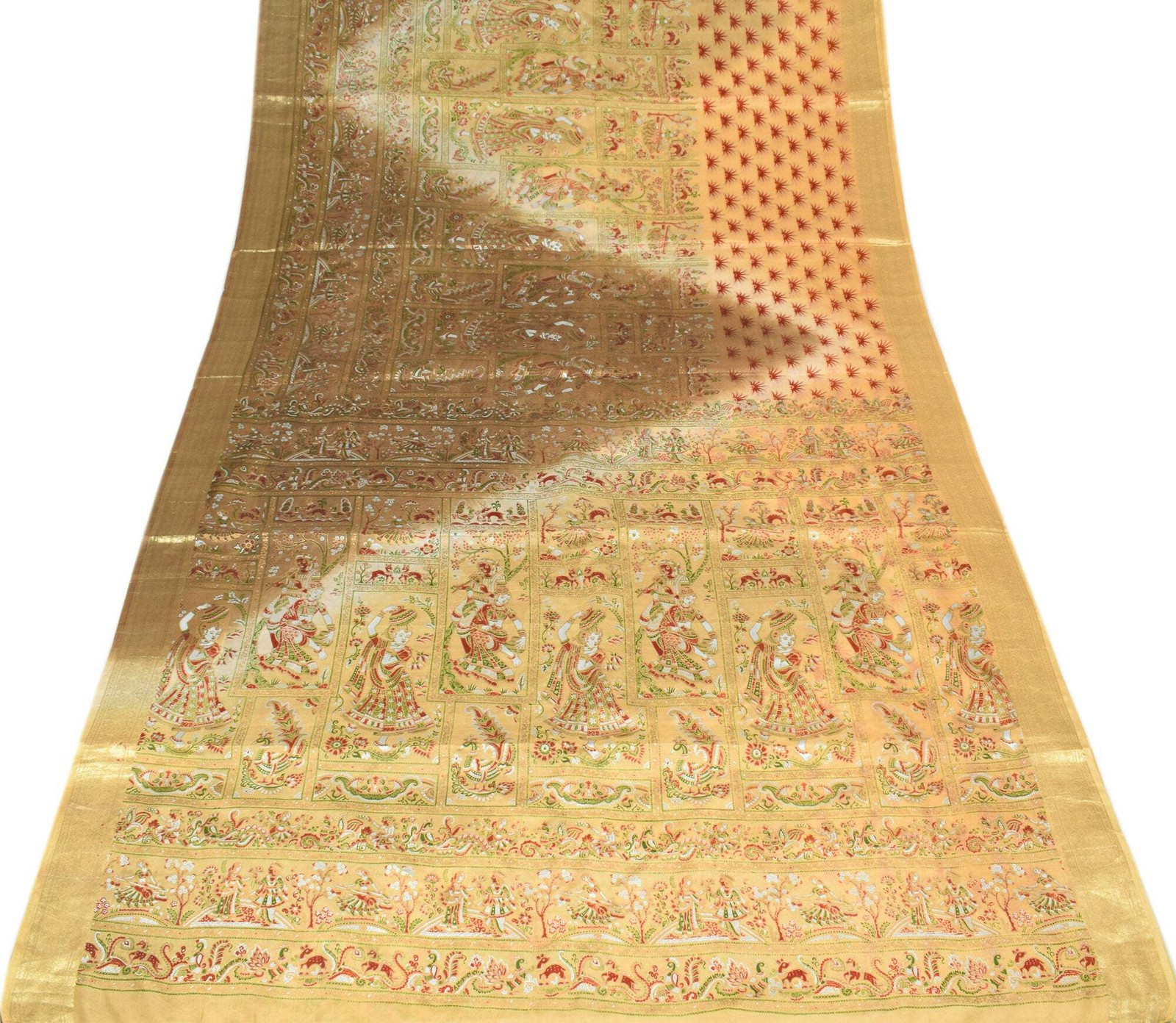 Sushila Vintage Yellow & Green Saree Printed Figure Pure Silk Sari Soft Craft Fa