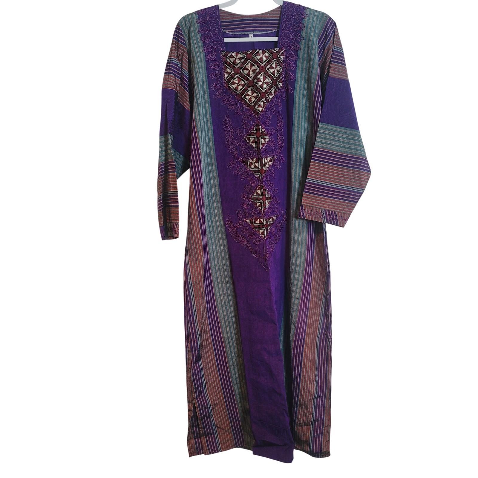 Vintage Purple Striped Embroidered Kaftan Maxi Dress Boho Ethnic Size 2 S/M