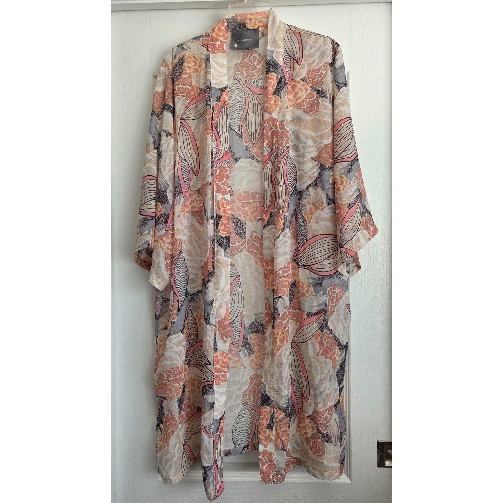 Anthropologie Neutral Floral Sheer Kimono Duster Coverup One Size Lightweight