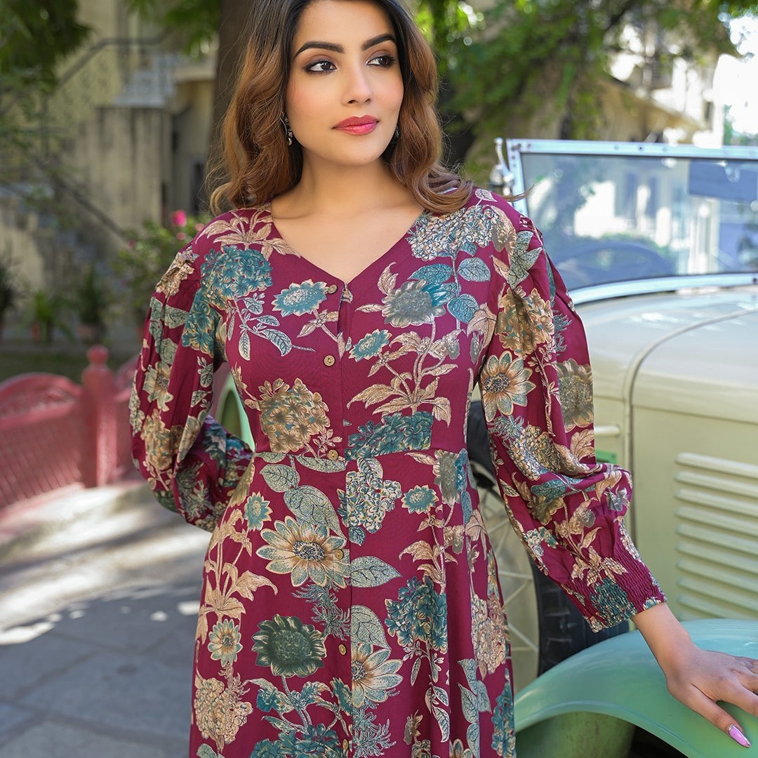 Premium Maroon Floral Print Rayon Fabric Flared Long Dress for Women | Flowy Boh