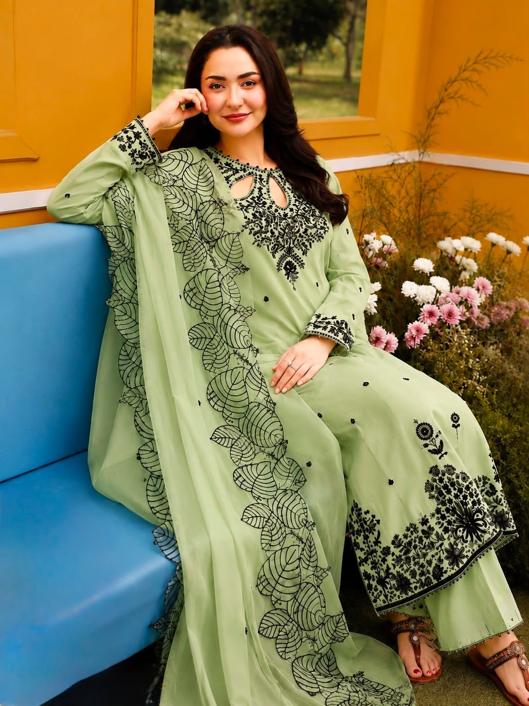 Indian Pure Cotton Light Pistachio Green Embroidered Kurti Pant Dupatta Set