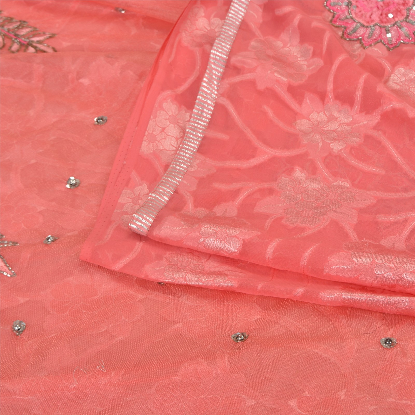 Sanskriti Vintage Pink Indian Sarees Net Mesh Hand Beaded Ethnic Sari Fabric