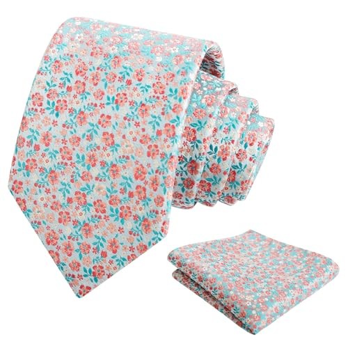Mens 3.15inches Exquisite Floral Tie with Small Flower A142-turquoise+coral