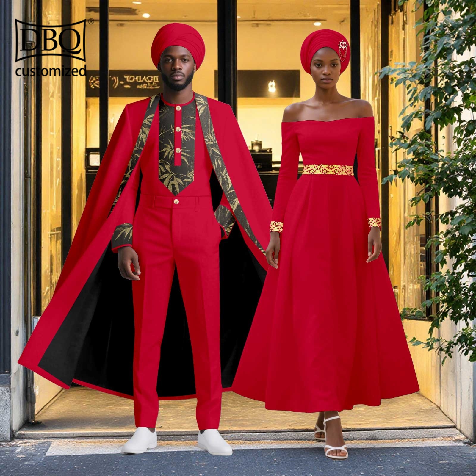 African Couple Clothes Men Long Cloak+Jacket Pants Set Women Dress with Headwrap