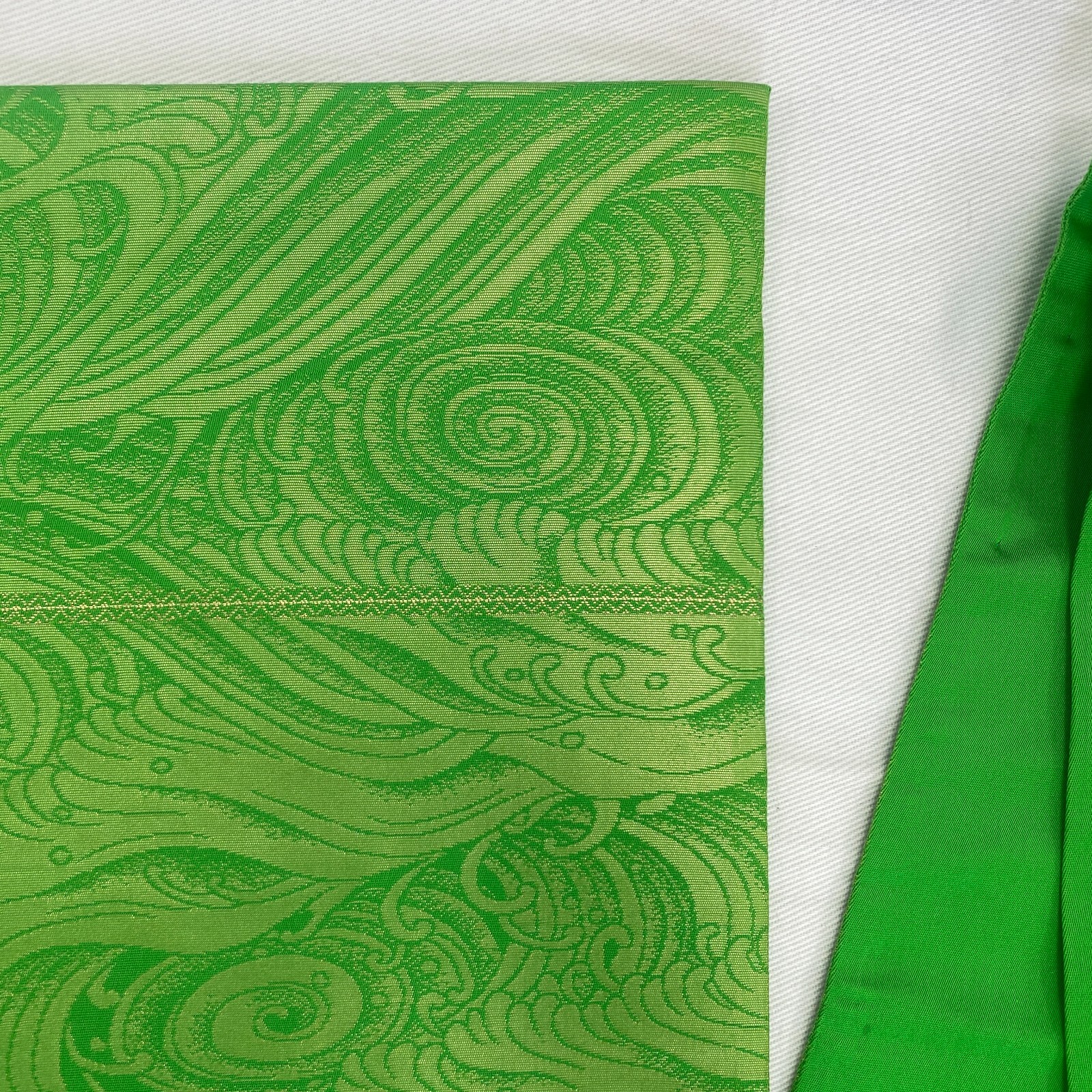 Japanese Vintage Kimono Fukuro Obi Silk Green Traditional Authentic 163 x 12 in