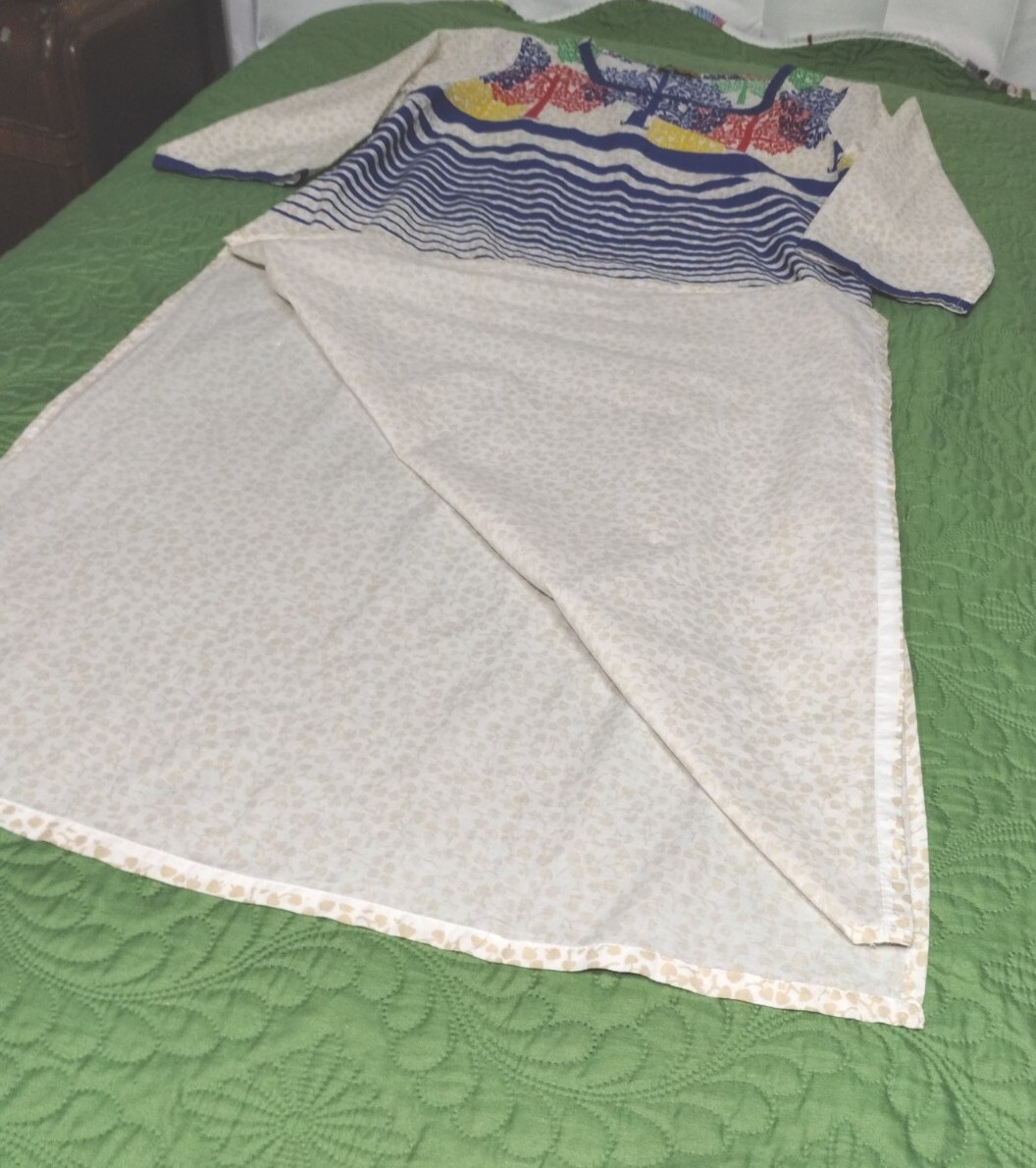 AURELIA Cool & Light Cotton Kurta ~ Large ~ Blue, Red, Green, Yellow Trees EUC