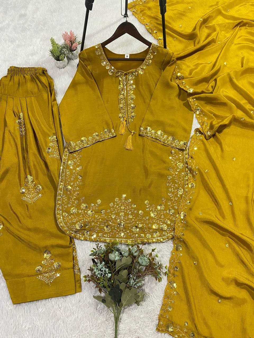 Latest Beautiful Chinon Silk Yellow Salwar Kameez With Dupatta For Festival Wear